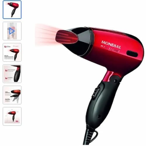 Foto em alta resolução de Secador de Cabelo Portátil Dobrável – Potência e Praticidade. em ângulo promocional para site.