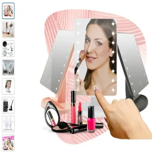 Espelho de mesa redondo com borda de LED branca e ajuste de toque articulado para maquiagem.