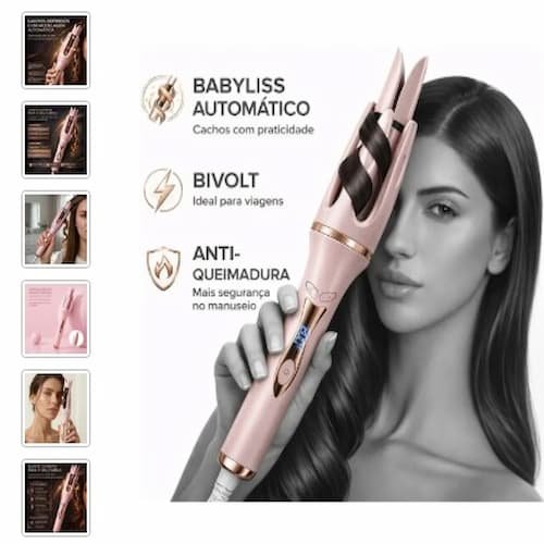 Modelador de Cachos Automático com Proteção Térmica. em ângulo promocional para site, Foto em alta resolução.