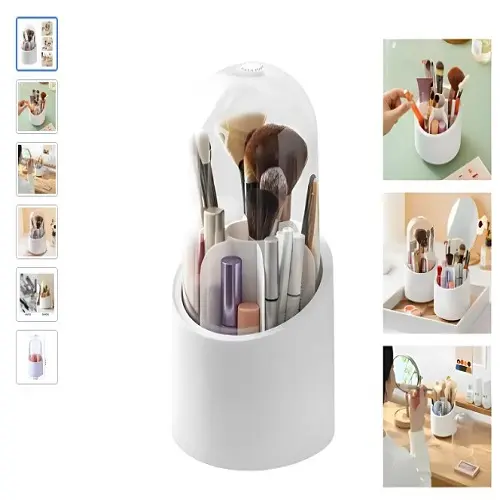 Organizador de acrílico giratório para maquiagem e acessórios de mesa, com divisórias e sistema de rotação 360 graus.