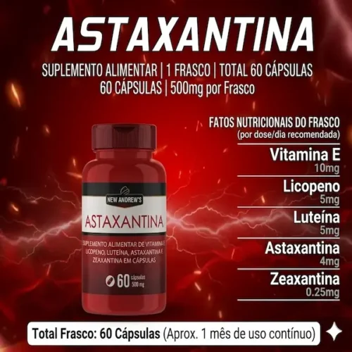 Imagem do suplemento, Astaxantina Original 500mg 60 Cápsulas – O Poder do Antioxidante Mais Completo da Natureza para a Saúde Humana
