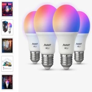 Close-up de alta resolução do produto Kit4 Lâmpada Inteligente RGB Wi-Fi compatível com Alexa e Google. em ambiente de uso real.