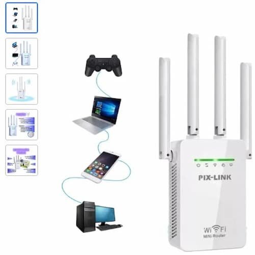 Close-up de alta resolução do produto Repetidor WiFi Pix-Link 4 Antenas 2800M Sinal Forte 300Mbps Branco em ambiente de uso real.